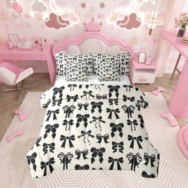 Feelyou Bow Bed Set Includes Comforter, Sheet Set, Pillowcases & Pillow Covers Full Size Black Bowknot 7 Pieces Bedding Set, Girls Decor Bed in a Bag, Microfiber Girls Bow Bedroom