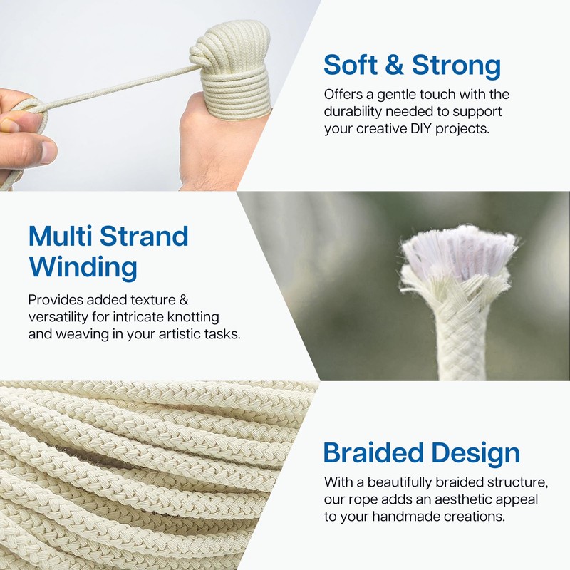 WINSOME All-Purpose Natural Braided Cotton Rope (20M/66ft) 4MM with Synthetic