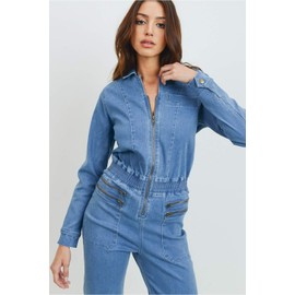 Khanomak Women's Collar Jeans Denim Fitted Utility Jumpsuit with Pockets, mid-blue