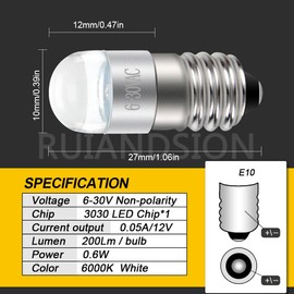 Ruiandsion E10 Cycling Light Bulb,6V 30V Non Polarity 3030 Chips,LED Bulb 6000K White Pack of 2