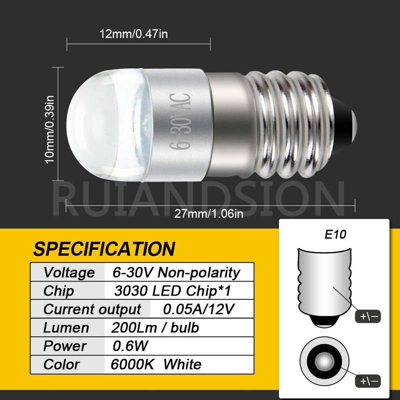 Ruiandsion E10 Cycling Light Bulb,6V 30V Non Polarity 3030 Chips,LED