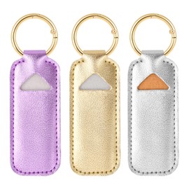 WK IEASON Lip Balm Holder Keychain Clip On PU Leather Lipstick Sleeve Pouch Lip Gloss Holder Lip Balm Sleeve Holder Keychain 3PCS（Purple/Silver/Gold）