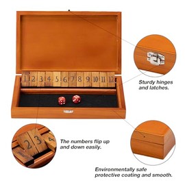 Crobyi Shut The Box Dice Game with 12 Numbers and Lid, Wooden Classic Board Game with 4 Dice, Gift Package & Game Rules, Close The Box Game for Kids, Adults, Family, Classroom, Home & Pub