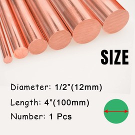 Tynulox 1Pcs Pure Copper Round Rod 1/2"(12mm) Dia 3.94" Length Bare Copper Cu Metal Rod for Metal Craft Hobbies
