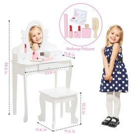 SLEKVERSA Kids Vanity Set with Mirror and Stool for Girls Ages 3-9 Makeup Dressing Table and Chair Playset with Drawer for Children Bedroom or Playroom, White