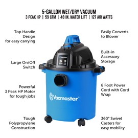 Vacmaster VJC507P 5-Gallon* 3 Peak HP** Wet/Dry Shop Vacuum, Blue, 5 gal