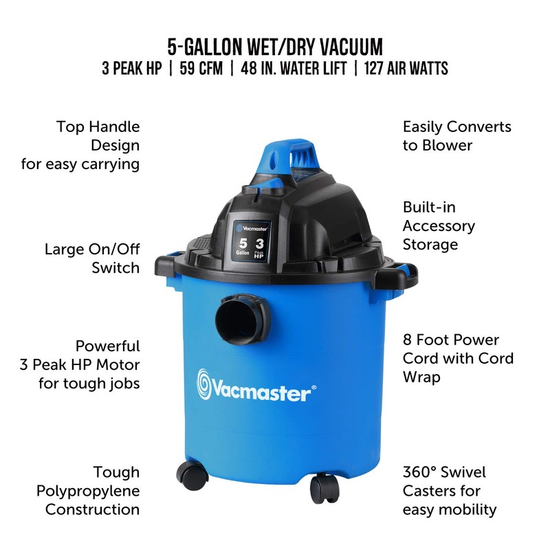Vacmaster VJC507P 5-Gallon* 3 Peak HP** Wet/Dry Shop Vacuum, Blue,