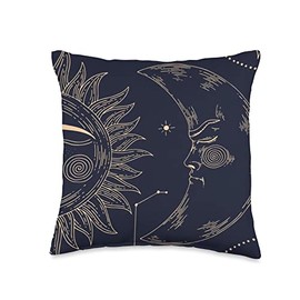 Modern Mystical Card Sun with Face and Crescent Moon on Blue Throw Pillow