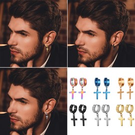 OIDEA 6 Pairs Cross Earrings Dangle Hinged Men Earrings Stainless Steel Cross hoop Earrings for Men and Women Silver Gold Black Blue Rosegold Colorful,Hypoallergenic