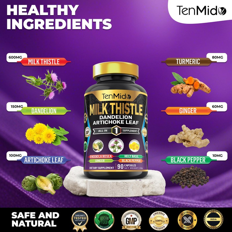 Tenmido Milk Thistle Supplements - 6in1 with Dandelion, Artichoke Leaf,
