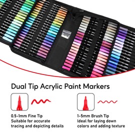 120 Colors Acrylic Paint Markers, Dual Tip Fine and Brush Tips Pens Contain 24 Metallic Color for Stone, Wood, Calligraphy, Canvas, Ceramic, Metal, Glass, Rock Painting, DIY Crafts Art Supplies Kit