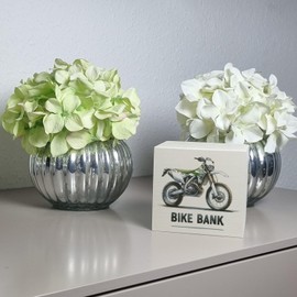 Enduro Wooden Motorcycle Money Box with Saying Bike Bank White Light Green Off-Road Machine Perfect for Vehicle Lovers Text in Cool Design