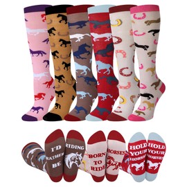 Chuarry 6 Pairs Funny Equestrian Socks for Women Knee High Horse Riding Socks Novelty Western Boot Socks for Horse Lover Gifts Equestrians Cow Derby Party Favors