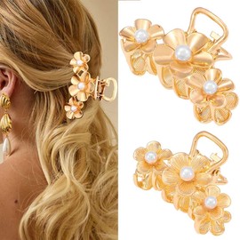BARTOSI Gold Claw Clips Metal Flower Hair Claw Clips Medium Hair Claw Clamp Fashion Hair Accessories for Women and Girls (Pack of 2)