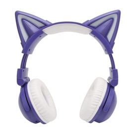 Bluetooth Headset with Cat Ears, Stereo, Cute Kids Headset with LED, Built-in Microphone, Wireless Headphones, Foldable Gaming Headset for Kids, Boys and Girls (Purple)