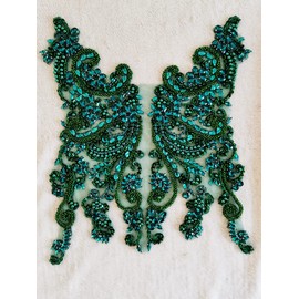 Handmade Rhinestones Lace Bodice Applique Sew on Beads Sequins Trimming Patches for Dress Clothing Accessories (Deep Green)