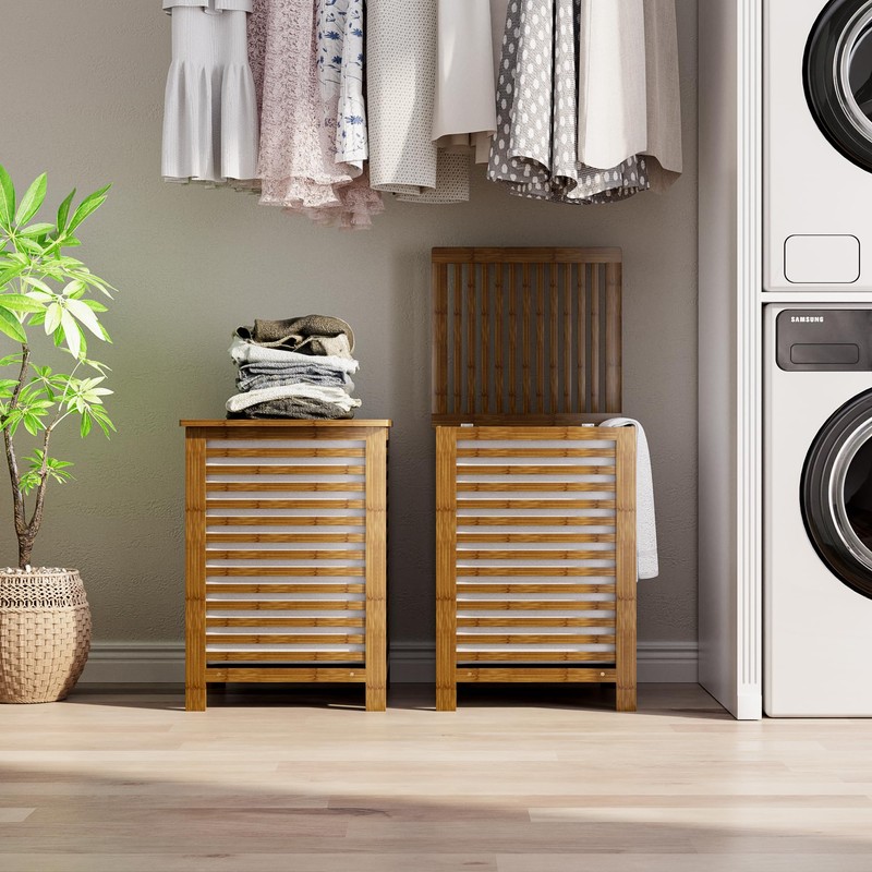 SMIBUY Double Laundry Hamper with Lid, 120L Bamboo Laundry Basket