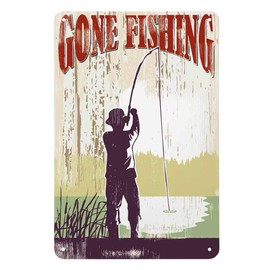 AOYEGO Gone Fishing Tin Sign,Man Lake Grass Rod Hobby Outdoor Relax Fish Water Botanical Nature Vintage Metal Tin Signs for Cafes Bars Pubs Shop Wall Decorative Funny Retro Signs 8x12 Inch