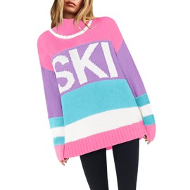 Mock Neck Tops for Women 2024 Trendy Striped Sweaters Oversized Pullover Sweater Pink L