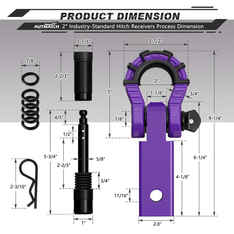 AUTMATCH Shackle Hitch Receiver 2" with 3/4" Mega D Ring