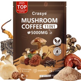 Organic Low Caffeine Mushroom Coffee 11 Superfood Instant Mushrooms Coffee with Ashwagandha, Shilajit, Lion's Mane, Reishi, Chaga & Collagen Arabica Coffe Powder Ground for Focus, Energy, Digestion and Immunity 30 Servings Cafe De Hongos