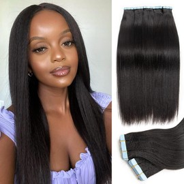 Isheeny Natural Black Tape In Hair Extensions Human Hair Yaki Straight 20 Inches 20pcs 50g/Pack Invisible Remy Hair Extensions Tape In Human Hair Extensions