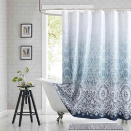 BESTRIPES 90 Inch Extra Long Shower Curtain - Chantilly Lace Design, Heavyweight Polyester, Storm Blue to White Ombre, 72" W x 90" H