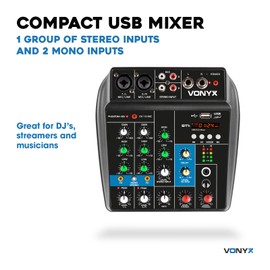 VONYX VMM100 3-Channel PA Mixer with USB and Bluetooth - Compact Mixing Desk for Live Performances, Mini Audio Mixer for Studio, Music Mixer, Small PA Mixers, 3 Channel Mixer, Bluetooth Mixer
