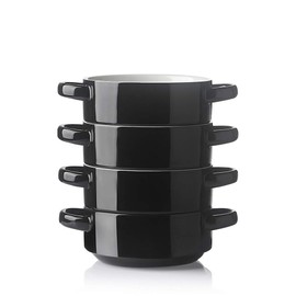 SWEEJAR Ceramic Soup Bowls with Double Handles, 20 Oz Stacked Bowls for French Onion Soup, Cereal, Pot Pies, Stew, Chill, Pasta, Set of 4 (Black)