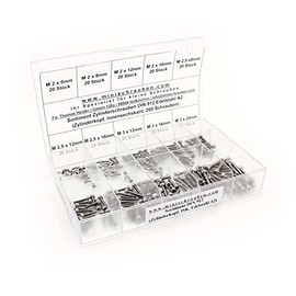 Assortment box with 200 hexagon socket screws according to DIN 912 (M2, M2.5 and M3) made of A2 stainless steel, hexagon socket, cylinder head. Mini screws assortment including labelled box