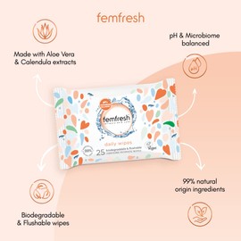 Femfresh Intimate Wipes - Flushable & Biodegradable Disposable Feminine Hygiene Vaginal Cloths w. Calendula & Aloe Vera Extracts - Soothing, pH Balanced, Hypoallergenic, 25 Count (Pack of 1)