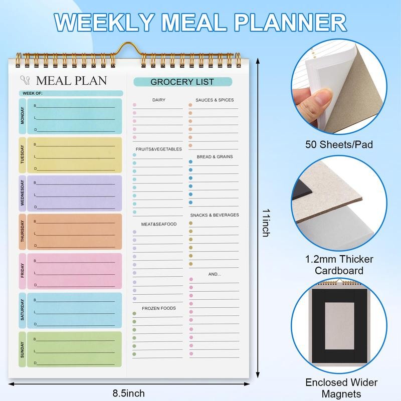 Weekly Meal Planner Notebook - 8.5x11", 50 Sheets, Magnetic, Wall-Mountable