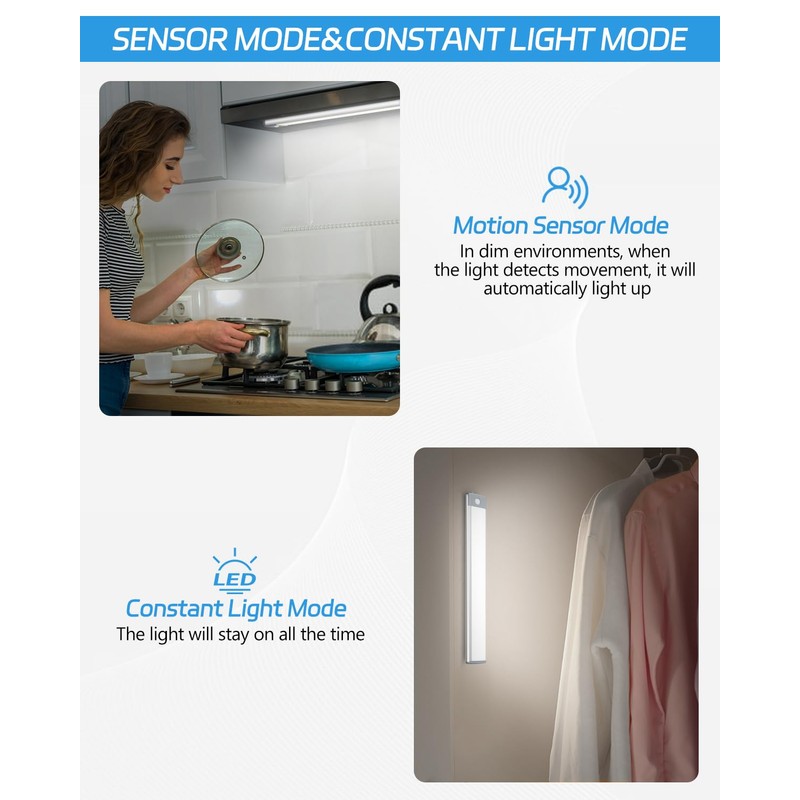 HIBOITEC LED Motion Sensor Cabinet Light 2500mAh 2 Packs Rechargeable