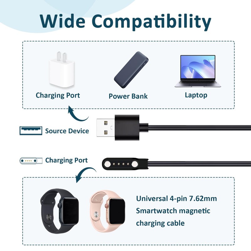 Universal Smartwatch Charging Cable, 7.62 mm 4-Pin Charging Cable for