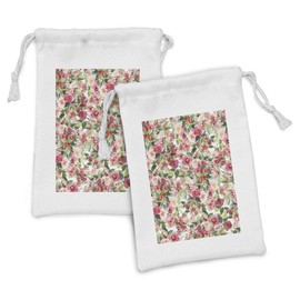 Ambesonne Floral Fabric Pouch Set of 2, Delicate Vibrant Colors Roses Bouquet and Berries Art, Small Drawstring Bag for Toiletries Masks and Favors, 9" x 6", Green Pink