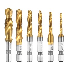 Qibaok 6 Piece Combi Tap 1/4 Inch HSS M3-M10 Screw Hexagonal Shaft Countersink Tools Drill Bit Set Titanium Machine Tap Bits for Wood Plastic Thin Aluminium, Not for Hard Metal