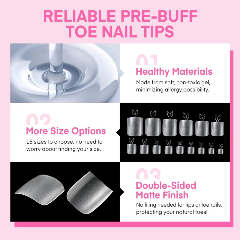 UNA GELLA Square Gel Toe Tips - 504pcs, 15 Sizes,