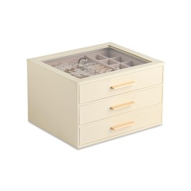 Frebeauty Jewelry Box with Clear Lid,Jewelry Organizer with 3 Drawer,PU Jewelry Organizers and Storage,Jewelry Boxes for Women,Earring Holder Organizer,Jewelry Storage(Beige)
