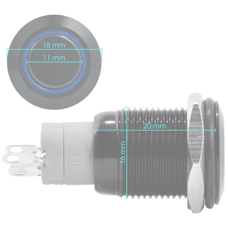 JacobsParts Latching Maintained Pushbutton ON/Off Switch Black Metal with Blue