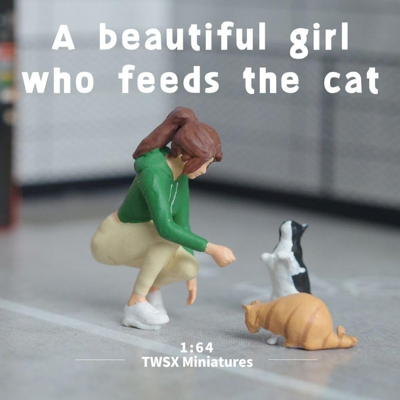 Cat Feeding Girl 3-Piece Set,1:64 Scale,Cat,Cute,Friendly - Miniature Person, Miniature