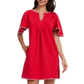AIWUFLY Flutter Sleeve Dress for Women Shift Casual Flowy Elegant Loose Contrast Trim Petite Boho Preppy Dresses with Pockets for Valentine Graduation Brunch Vacation Wedding Guest Red Small