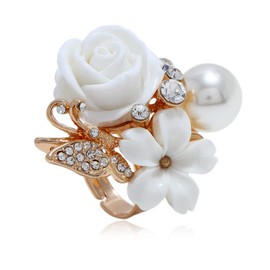 CZ Rose Flower Wedding Ring for Women Statement Engagement Round Rhinstone Crystal Aryclic Daisy Plumeria Adjustable Open Wrap Finger Rings Comfort Fit Cocktail Party Valentine Jewelry (White)