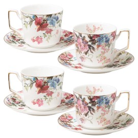 Gracie China Hydrangea Porcelain Tea/coffee Cups with Saucers, Set of 4 (White and Pink)