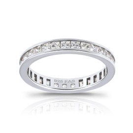 Hoops & Loops 925 Sterling Silver 2mm Princess-Cut Cubic Zirconia Channel Set Eternity Band Ring for Women, Size 7