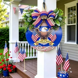 Memorial Day & 4th of July Patriotic Wreath, 12" Wooden Decor with Artificial Flowers, USA 250th Anniversary Sign for Front Door, Garden, Patios, Windows Decor