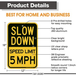 (3 Pack) Slow Down Speed Limit 5 MPH Sign, Slow Down Sign, 18" x 12" Engineer Grade Reflective Sheeting, Rust Free Aluminum, Weather Resistant, Waterproof, Fade Resistant, 2 Pre-drilled Holes