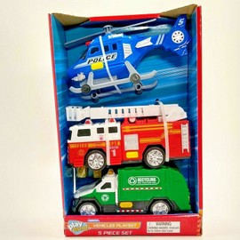 Playright Vehicles Playset 5 Piece Light & Sound Helicopter Fire Truck Recycling