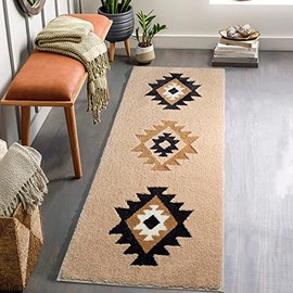 DEXDE Boho Bathroom Rug Runner 20x72 Long Bath Mat for Bathroom Bedroom Hallway Kitchen Shower Luxury Soft Absorbent Large Geometric Carpet Runner Western Farmhouse Home Decor, Beige