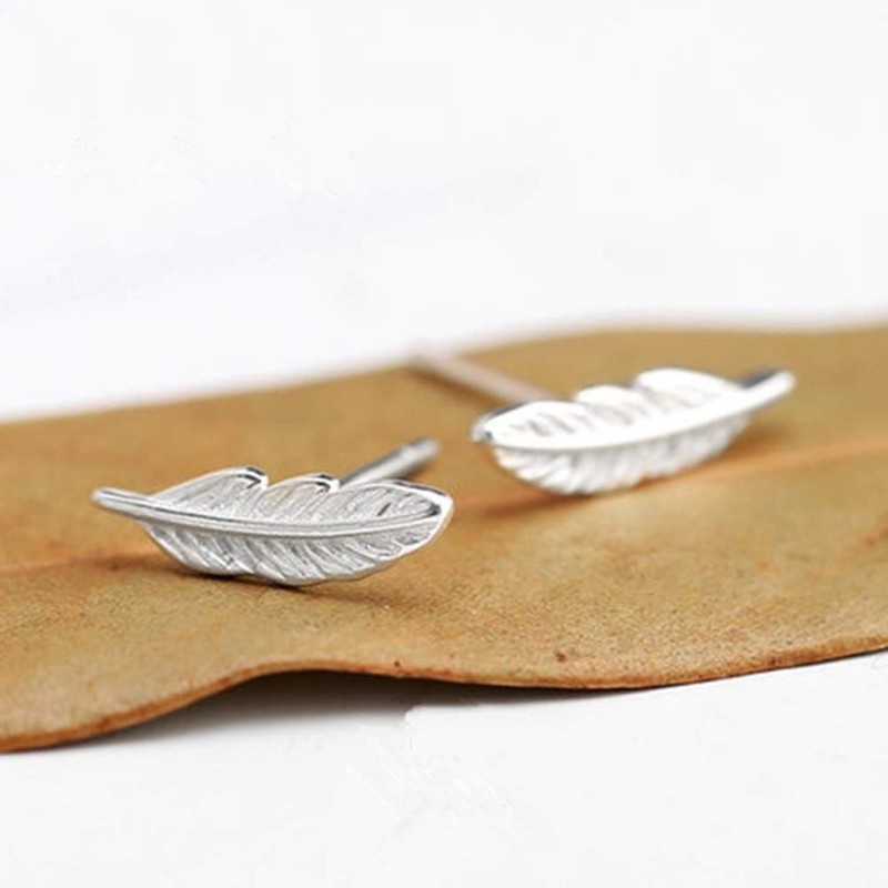 Silver Feather Stud Earrings Tiny Silver leaves Studs Earrings for