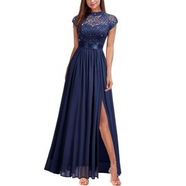 Miusol Women's Elegant Sequin Lace Contrast Chiffon Split Style Evening Party Maxi Dress (Large, Navy Blue)
